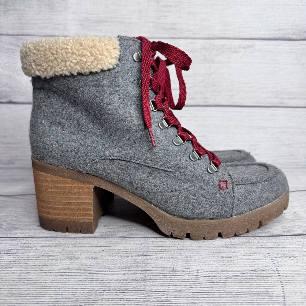Korks Womens Grey Felt Faux Shearling Lace Up Block‎ Heel Ankle Boots size 8M